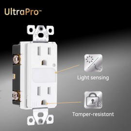 GE UltraPro Grounding Duplex Outlet with LED Guide Light, In Wall Receptacle, Tamper Resistant Outlets, Soft Glow Light, Sensor Light, 15A / 125VAC, UL Listed, White, Wallplate not included, 40967