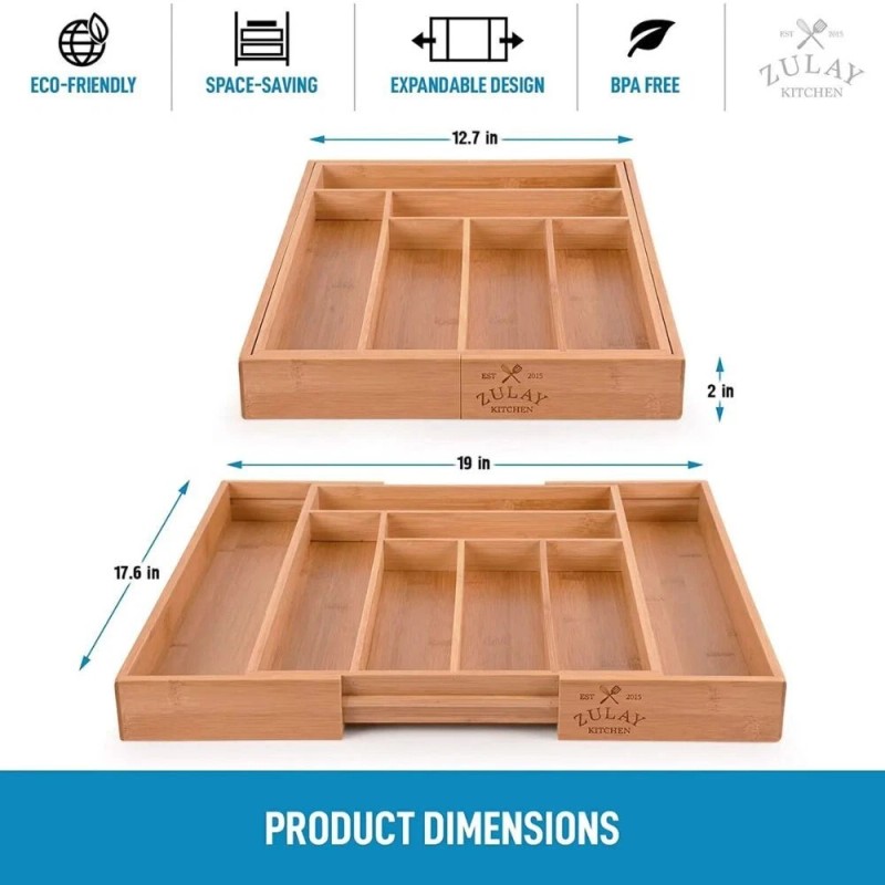 Zulay Expandable Bamboo Drawer Organizer - Adjustable Kitchen Drawer Organizer