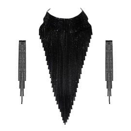 Flyonce Sparkly Rhinestone Costume Jewelry Set, Tassel Chunky Fringe Bib Collar Statement Necklace Long Chandelier Earrings Set Black