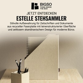 Bigso Box of Sweden Stehsammler für Zeitschriften, Magazine und Akten – praktischer Organizer aus Faserplatte und Papier in Leinenoptik – stabiler Zeitschriftenhalter mit Griff – beige