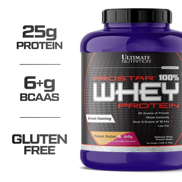 Ultimate Nutrition Prostar Whey Protein Powder of Isolate Concentrate Peptides Blend – Low Carb and Sodium, Keto Friendly, 25 Grams of Protein and 6 Grams of BCAAs - Peanut Butter &Jelly, 5.28 Pounds