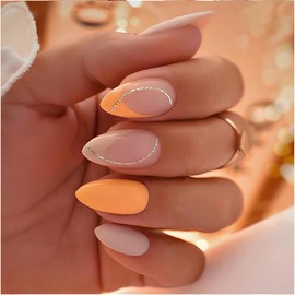 Orange Press on Nails Medium Almond Fake Nails Nude Gloss French Tip Acrylic Nails with Silver Curve Designs Glue on Nail Cute Full Cover Artificial Nail for Women Manicure Art 24Pcs