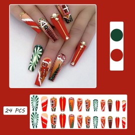 24 PCS Press on Nails Christmas Fake Nails Snowman Fake Nails Rhinestone Fake Nails Long Fake Nails Gifts for Women and Girls (No.42)