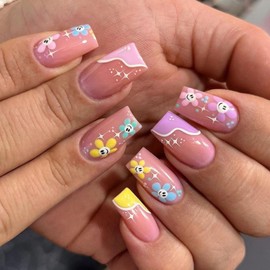 JUSTOTRY 24 Pcs Pink Ballerina Long Press on Nails,Fake Nails with Flower Pattern,Glossy False Nails Medium for Nails Art,Cute French Coffin Stick on Nails for Women and Teens Gifts