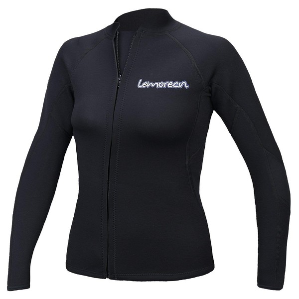 Lemorecn Womens 2mm Neoprene Long Sleeve Jacket Front Zipper Wetsuit Top (2098black8)