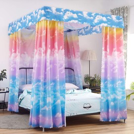 Mengersi Canopy Bed Curtains for Girls Queen Size, Cloud Sky Rainbow Pattern Bed Curtains for Bedroom Girls Room Decor(Pink and SkyBlue)