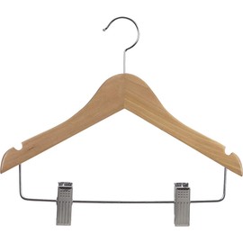 Kids Natural Finish Wood Combo Hanger with Clips and Notches in 11" Length X 7/16" Thick with Chrome Hardware, Box of 100