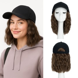 SEGO Hat Wig, Hat with Hair Attached for Women Black Baseball Cap with Hair Extensions, Short Curly Baseball Cap Wig Adjustable Hats for Daily Party 8 Inch #10 Light Brown