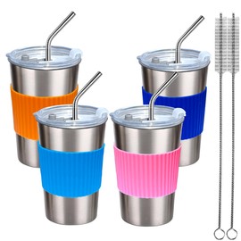 Navmudin Cups with Lids and Straws, 500ml 4 Pack Reusable Leakproof Stainless Steel Cups, BPA Free Unbreakable Metal Coffee/Beer/Smoothie Camping Cup(Orange&Blue&Pink&Dark Blue)