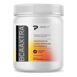 Aminoácidos Bcaa Con Electrolitos 60 Servicios Bcaaxtra Primetech Vegetales, Fermentados, Instantáneos, 2.5g L-leucina, 1.25g L-isoleucina, 1.25g L-valina, agua de coco y minerales sabor Manzana