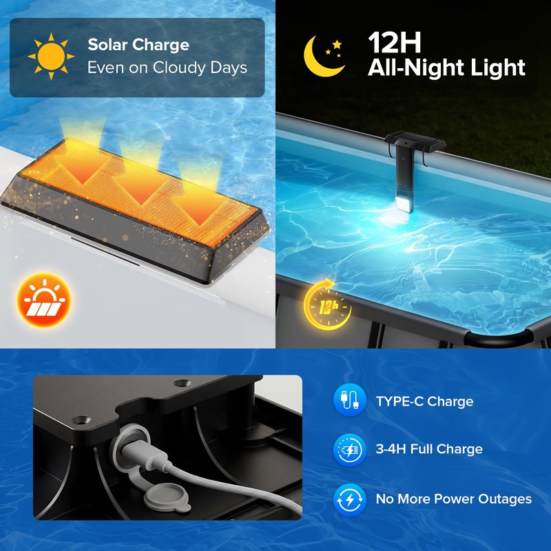 JJX Solar & USB Rechargeable LED Pool Lights for Inground