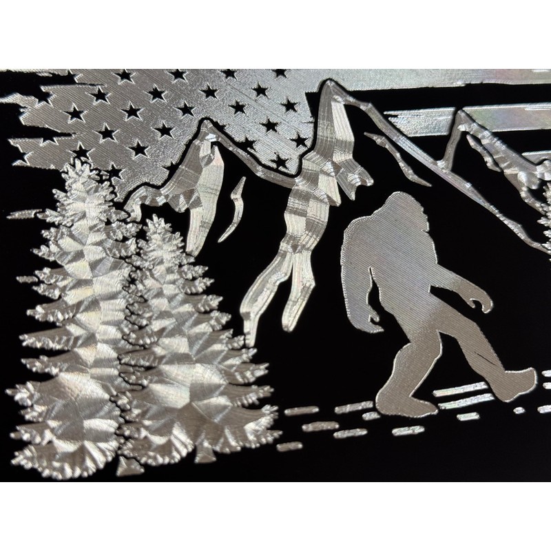 Engraved Big Foot Sasquatch US Flag Car Tag Diamond Etched