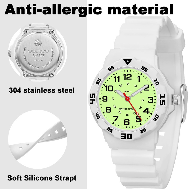 SOCICO Kids Analog Watch, Waterproof, Time Teaching, Soft Band, Wrist