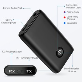 Ankilo Bluetooth Adapter Audio, 2 in 1 Bluetooth Sender Empfänger, 5.3 Bluetooth Transmitter Receiver Klinke 3,5mm AUX für Kopfhörer, Lautsprecher, Auto, TV,Typ-C Aufladung