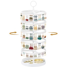 MODOWEY Rotating Earring Holder Organizer Display Tree with Metal Tray, Adjustable Plastic Stand with 342 Slots for Stud Hoop Hanger, Large Capacity Storage Rack for Women Space-Saving(5 Tier, White)