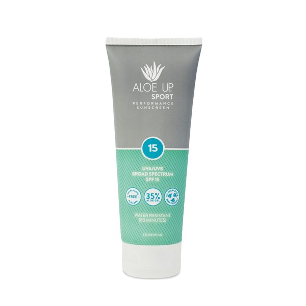 Aloe Up SPF 15 Sport Sunscreen Lotion - Broad Spectrum UVA/UVB High SPF Sunscreen, Reef Friendly Sunscreen for Body & Face - Waterproof Vacation Sunscreen, Aloe Gel Infused Sunblock Protection - 6 Oz.