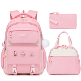 GeeWin Backpack for Girls, Bookbags Back Pack School Bag for Teens Girls Kid Children Elementary Middle School Student, Waterproof Stylish Girl Backpack Laptop Backpack with Lunch Bag (Pink Set)