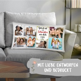 PR Print Royal Design Your Own XXL Cushion with 7 Photos Print - Glück ist eine Schwester wie Dich zu haben - Gift Birthday Christmas - Photo Cushion in XXL with Filling 80 x 40 cm