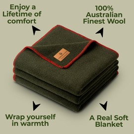 Whispering Winds 100% Wool Blanket - Large 60"x 84" Ultra Soft, Warm & Thick Camping Blanket, Outdoor Bushcraft, Survival, Military Green