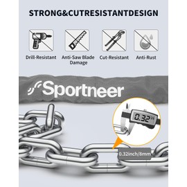 Sportneer Bike Lock - 8mm Thick High Security Anti Theft Bike Chain Lock with 2 Keys- 3.2ft Long Heavy Duty Anti-Cut Bicycle Lock for Bike, Motorcycle, Bicycle, Door, Gate, Fence, Grill - Grey