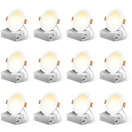 12 Pack 4 Inch 5CCT Ultra-Thin LED Recessed Ceiling Light with Junction Box, 2700K/3000K/3500K/4000K/5000K Selectable, 700LM Brightness, Dimmable Canless Wafer Downlight, 10WEqv90W, ETL&FCC