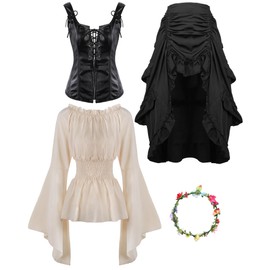 Xtinmee 4 Pcs Women Pirate Costume Renaissance Blouse Tops Steampunk Corset High Low Skirt Floral Crown(Medium)