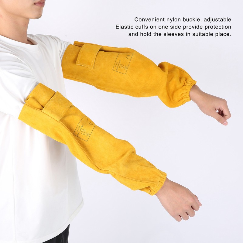 Pair Welding Sleeve Cowhide Wearproof Heat Resistant Golden Yellow for