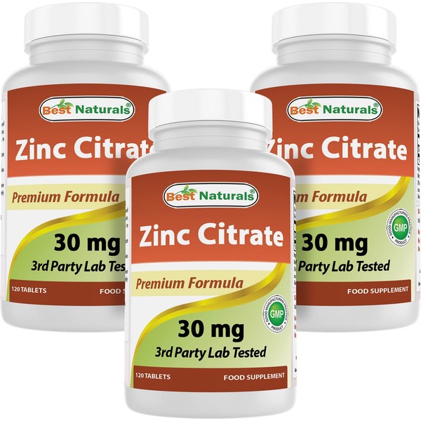 Best Naturals Zinc 30mg Supplements (as Zinc Citrate) - zinc Vitamins for Adults Immune Support - 120 Tablets (120 Count (Pack of 3))