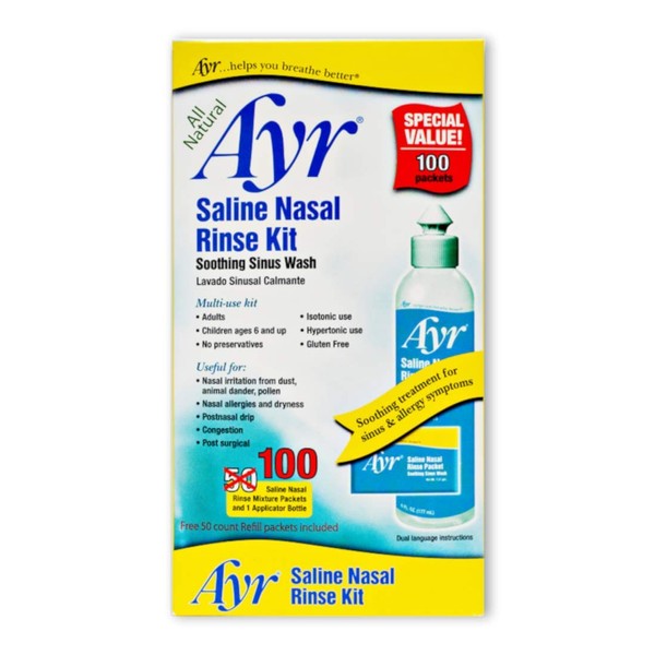 Ayr Saline Nasal Rinse Kit Soothing Sinus Wash, 100-Count Saline Nasal Rinse Mixture Packets Plus Applicator Bottle (Pack of 2), 202 Piece Set