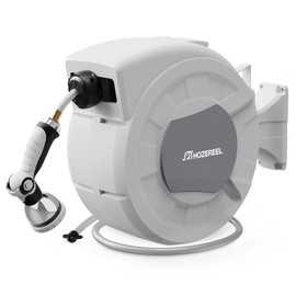 100 FT x 1/2" Retractable Garden Hose Reel by HOZEREEL, Decorative Outdoor Garden Hose Reels - Automatic Self Retract Wall Mount Hose Reel Enclosed Storage, Any Length Lock, 10 Pattern Nozzle-Grey