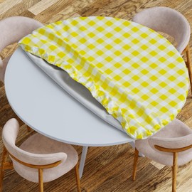 Sorfey Vinyl Round Fitted Tablecloth Cover, Checkered Design, Flannel Backed Lining 54 Inch, Yellow