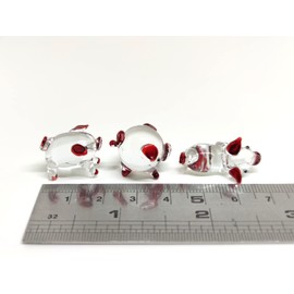 Sansukjai 3 Pigs Tiny Miniature Figurines Animals Hand Painted Blown Glass Art Collectible Gift Decorate (Clear Red Matt)