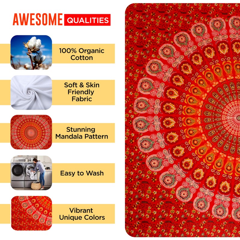 raajsee Indian Cotton Red Tapestry Mandala Wall Hangings, Boho Throw