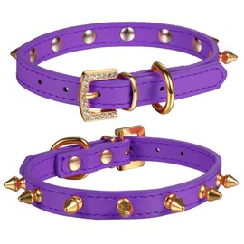 LOVPE One Row Golden Spiked Studded Leather Dog Collar/Cat Collar with Golden Rhinestone Buckle for Small Dog/Cat Puppy Kitty