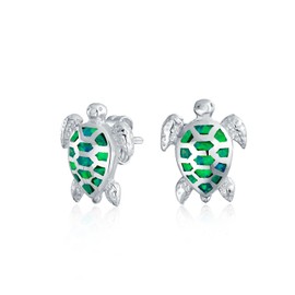 Nautical Tropical Beach Vacation Iridescent Green Created Opal Inlay Sea Tortoise Turtle Stud Earrings For Women Teen .925 Sterling Silver 13MM