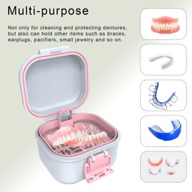 BVN Leak-Proof Denture Case, Denture Cup for Soaking Dentures, Retainer Cleaning Case (White+Pink)