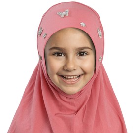 Lenmipot Little Girls Hijab Islamic Kids Hijab Headscarf Handmade Butterfly Rhinestone Muslim Hijab Cap for Girl (2-5year)