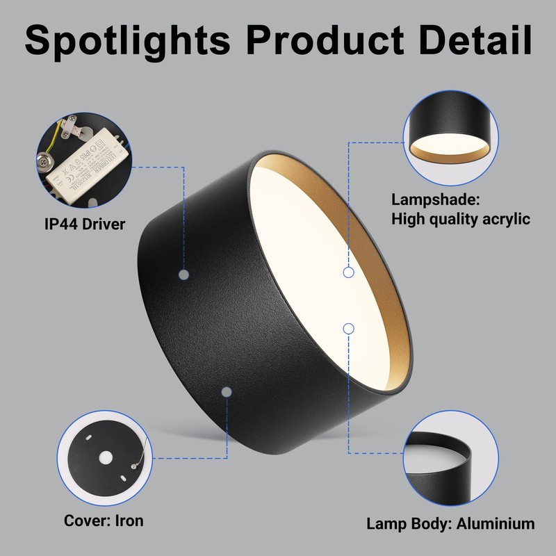 Klighten LED 18 W surface-mounted spotlight, round ceiling spotlights, surface-mounted