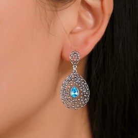 Yheakne Vintage Filigree Drop Earrings Silver Tribal Earrings Blue Earrings Hollow Oval Earrings Water Drop Sapphire Drop Earrings Retro Drop Jewellery for Women and Girls (Light Blue)