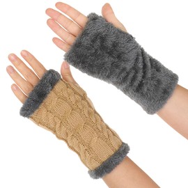 JK Home Fingerless Gloves for Women Winter Thermal Arm Warmers Thicken Plush Wrist Warmers Knitted Hand Warmers Gloves Mittens for Women Girls Working Running Biking Driving Camel