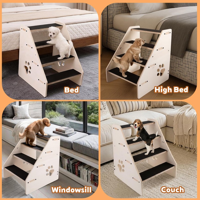 Dog Stairs Ramp, Wooden 4-Step Dog Ramp for Small/Medium/Older Dogs
