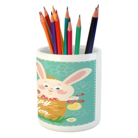 Lunarable Easter Pencil Pen Holder, Funny Rabbits Inside a Cup Balloons Happy Best Gifts Shower Themed Art Graphic, Ceramic Pencil Holder for Desk Office Accessory, 3.6" X 3.2", Multicolor