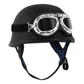 XFMT DOT German Style Motorcycle Half Helmet Open Face Crusier Leather Cap Helmet with Pilot Goggles XL