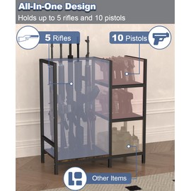 Mondazie Gun Rack, Floor Standing Rifle Stand with Pistol Shelves, Vertical Shotgun Storage Holder Display Racks Indoor with Padding for Home or Garage, Hold up to 5 Long Guns and 10 Handguns, Black