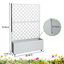 CuisinSmart Metal Planter Box with Trellis Privacy Screen, Raised Garden Bed with Trellis & Wheels, Privacy Planters for Patio, Planter Box with Drainage Holes for Climbing Plants, Flower, 73"x 47"x 12", White
