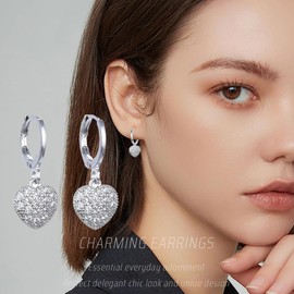 925 Sterling Silver Earrings Women's Hoop Earrings with Pendant Heart Earrings Hanging Silver Hoop Earrings Small Diameter 14 mm Earrings for Women Girls, Metal
