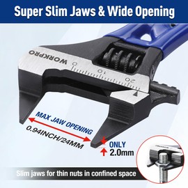 WORKPRO 4-Inch Thin Jaws Stubby Wide Opening Adjustable Wrench, Small Adjustable Wrench with 2mm Slim Jaws for Easy Access to Tight Spaces, Metric/SAE Scales, Cr-V Steel