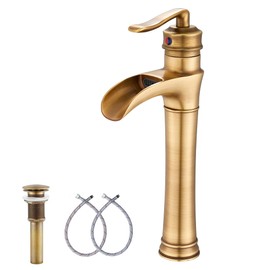 Antique Brass Waterfall Bathroom Faucet GGStudy Single Handle One Hole Farmhouse Bathroom Vessel Sink Faucet Matching with Pop Up Drain