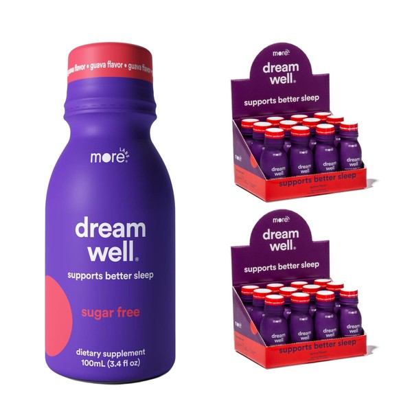 Dream Well by More Labs: Holistic Sleep Drink Solution - Non-Habit Forming, Caffeine Detox - Lemon Balm, Jujube Seed, Melatonin, Evodia rutaecarpa extract, Glycine - 3.4oz - No Sugar (Guava, 24-Pack)