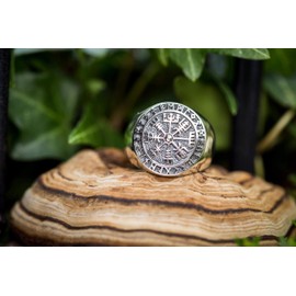 Windalf Rune Vikings Ring VEGVISIR 18 mm Viking Compass Signet Ring 925 Sterling Silver, Fabric jewellery bag